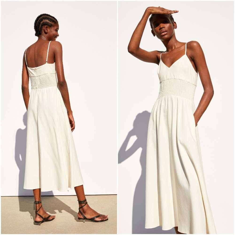 ZARA V NECK LINEN VOLUMINOUS FLOWY MAXI MIDI DRESS - Picture 9 of 14
